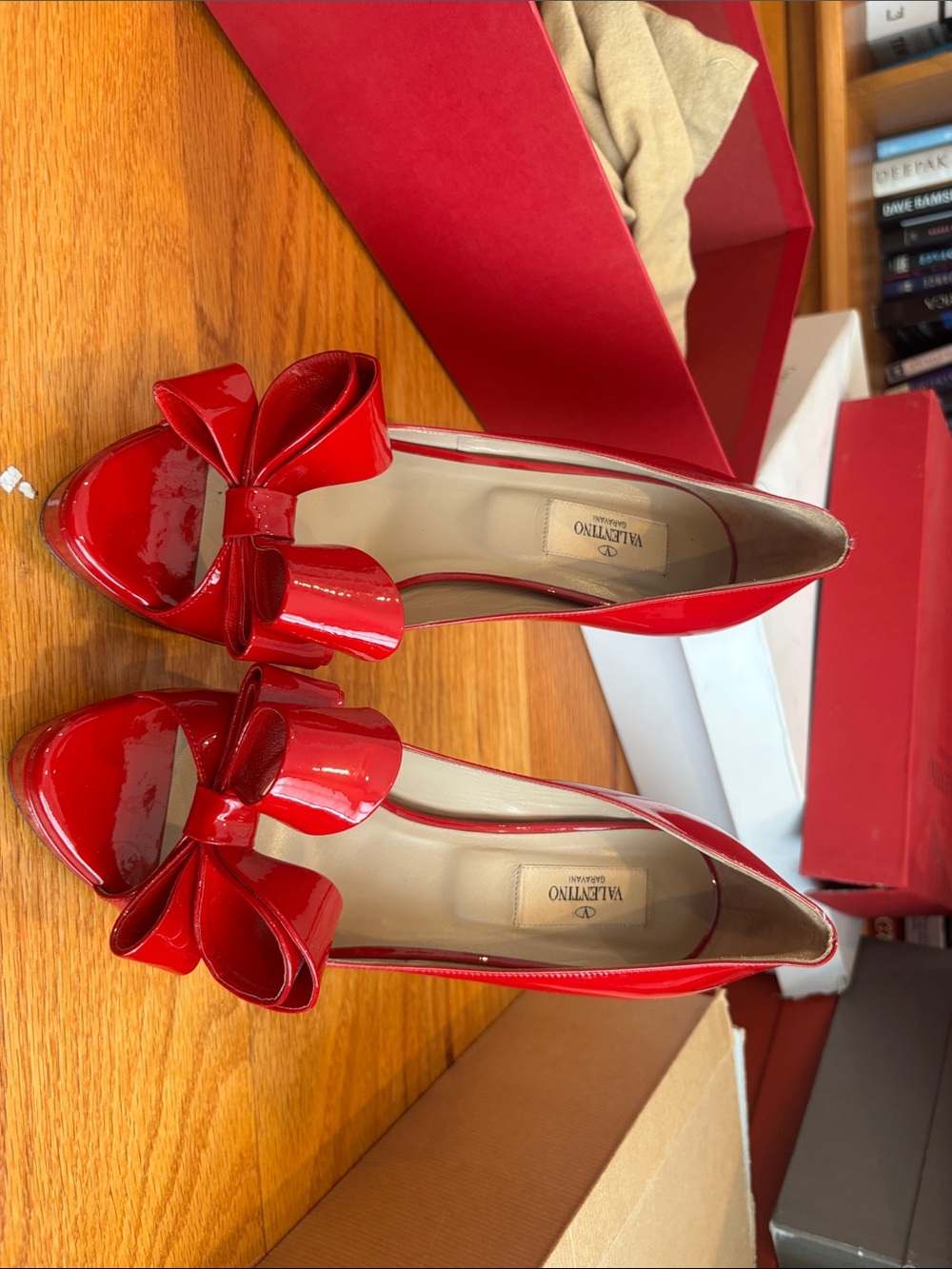 Valentino Red Patent Leather Peep-Toe Bow Pumps